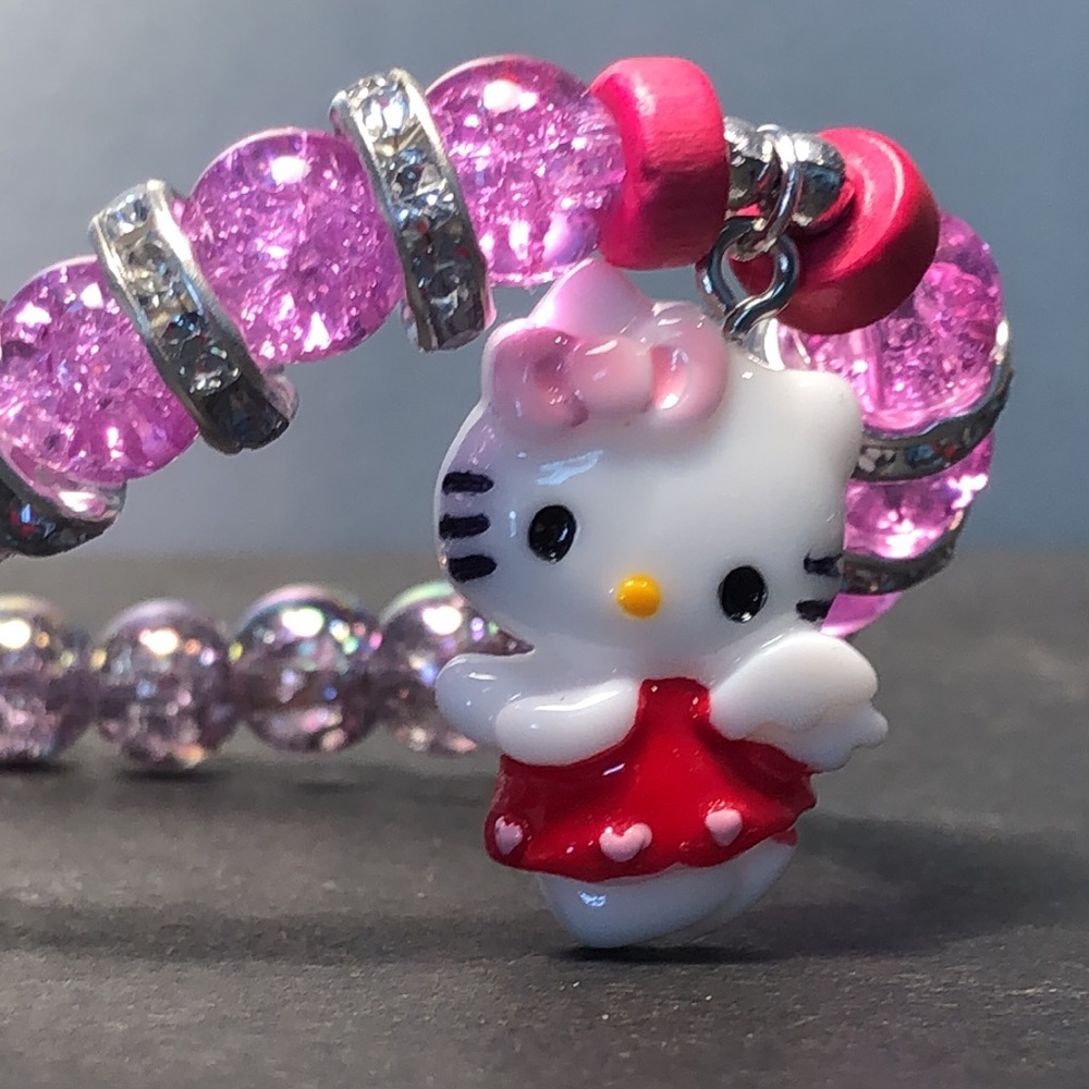 HAND CRAFTED jewelry purple pink clear glass beaded bracelet hello kitty charm - Picture 10 of 10